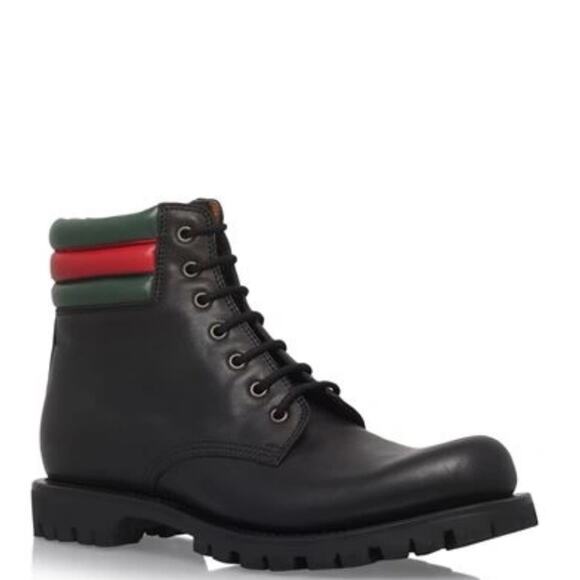 GUCCI Marland Black Leather Web Stripe Hiking Boot UK 7.5 - Picture 1 of 7